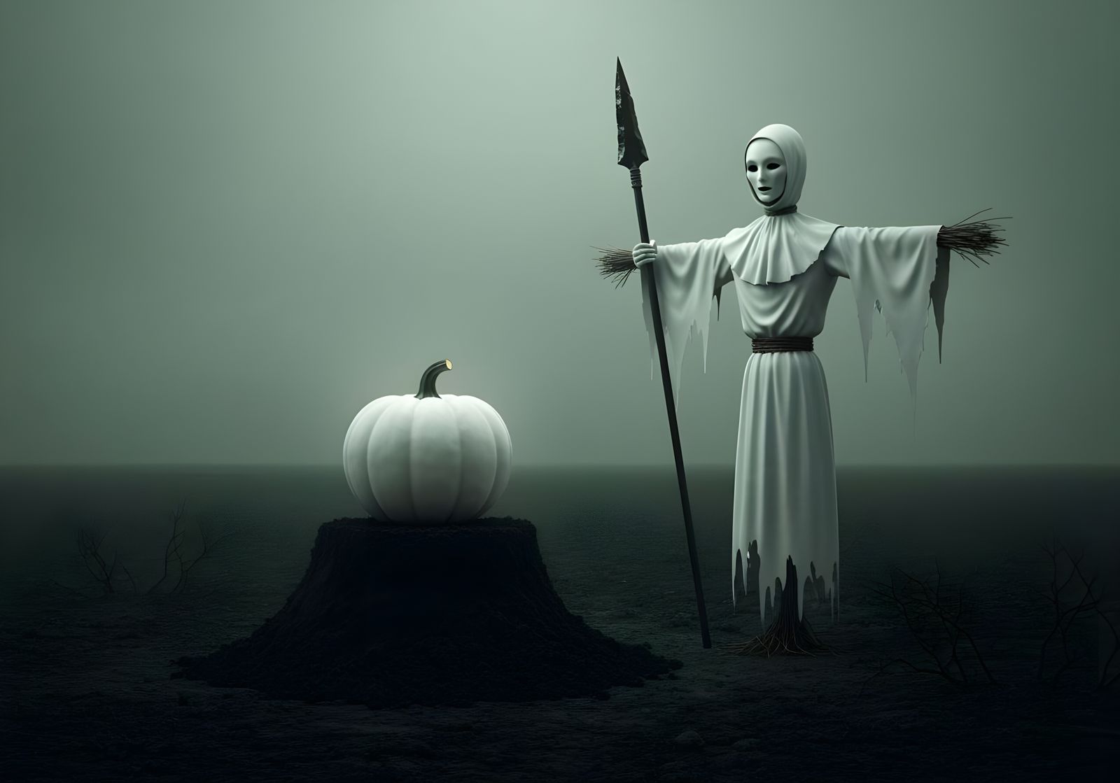White Porcelain Scarecrow Guards Glowing Pumpkin