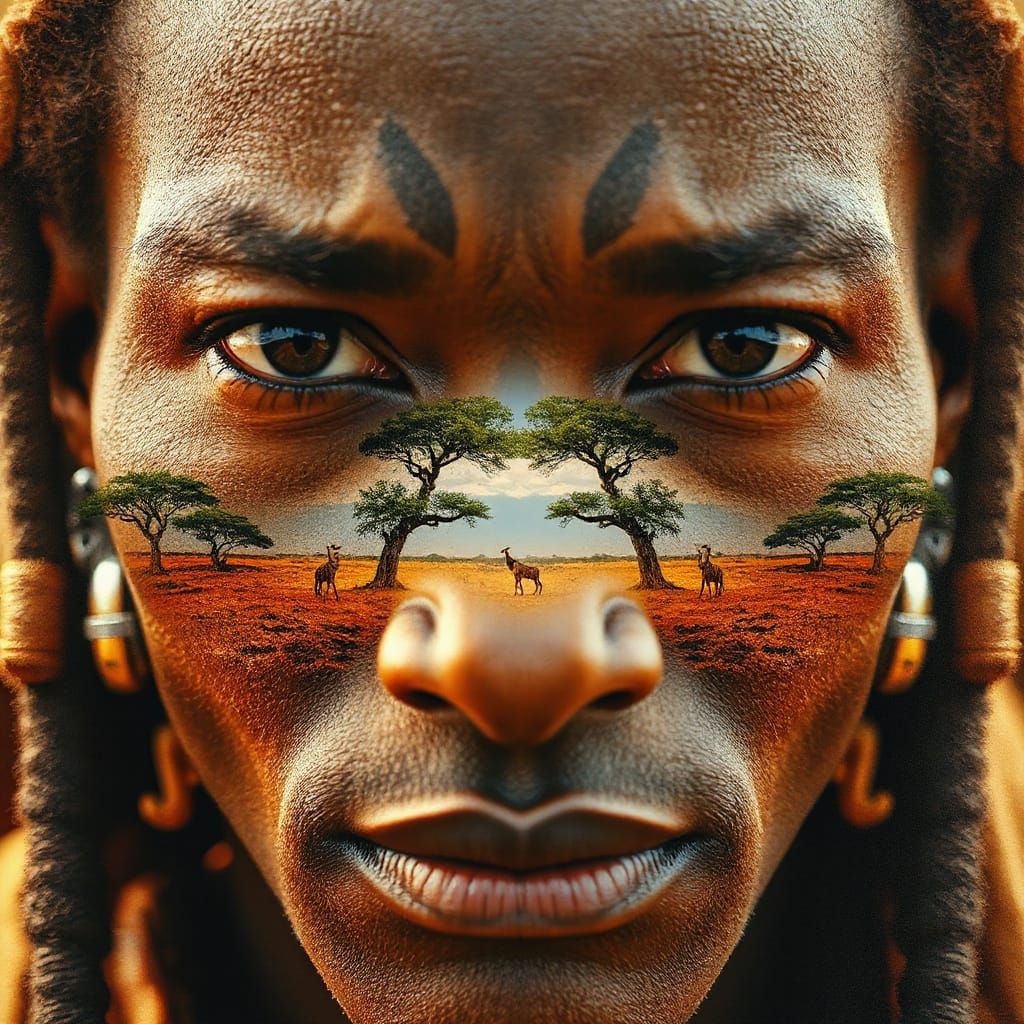 double exposure Massai Warrior's face, Serengeti trees insid...