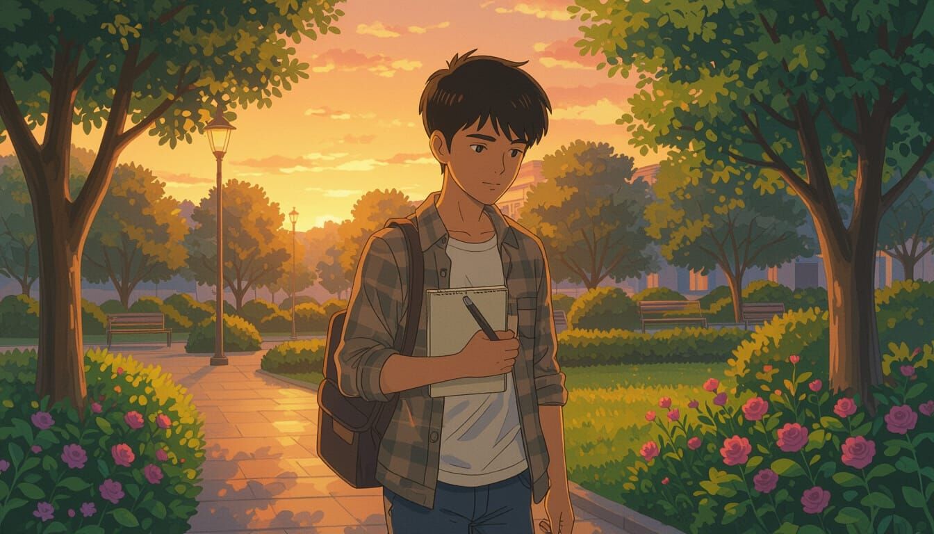 Teenage Indian Boy in Ghibli Anime Style Garden