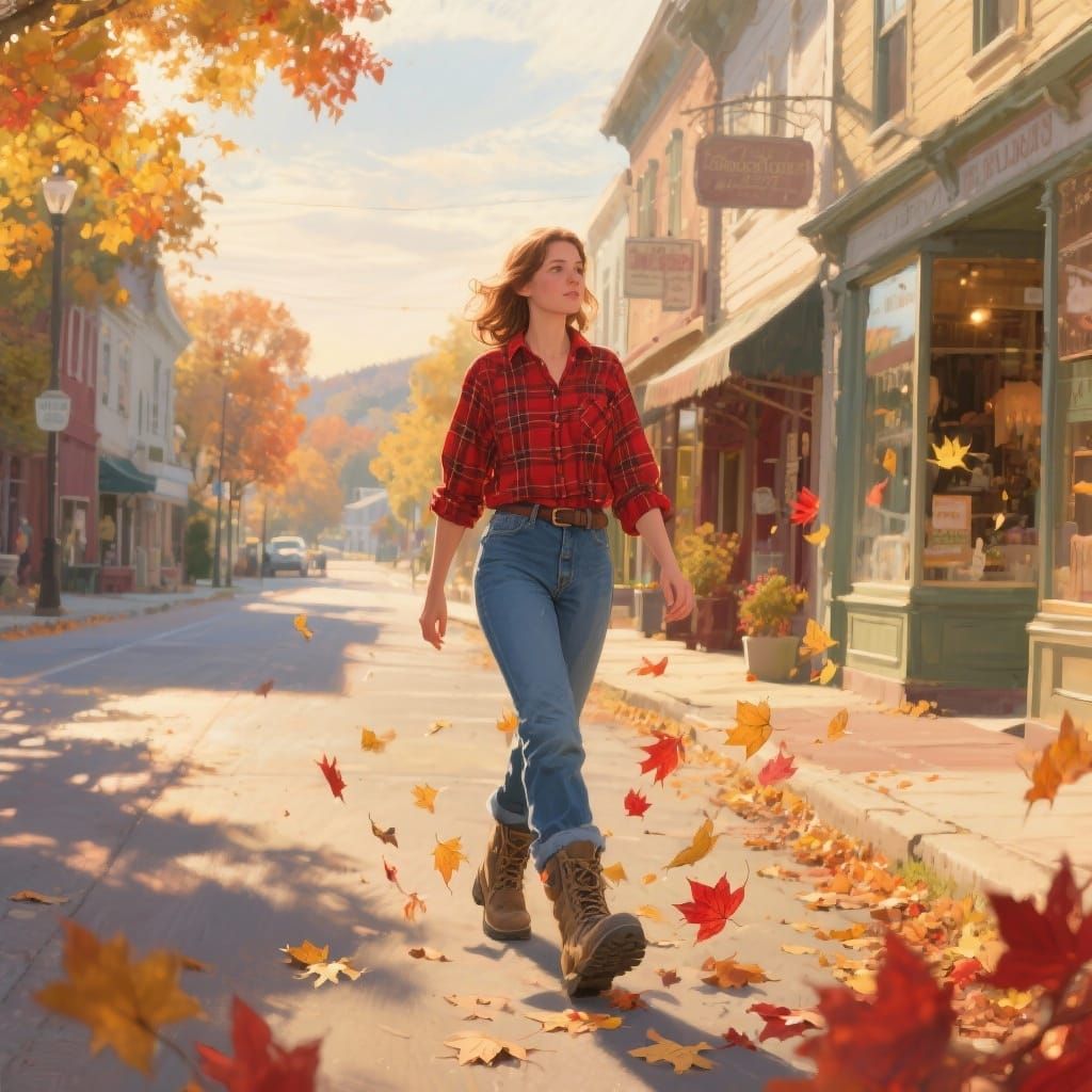 Woman Walks Autumn Small Town Main Street