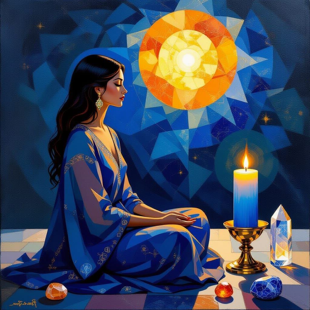 Line Drawing of Crystal Ritual Under Radiant Sun