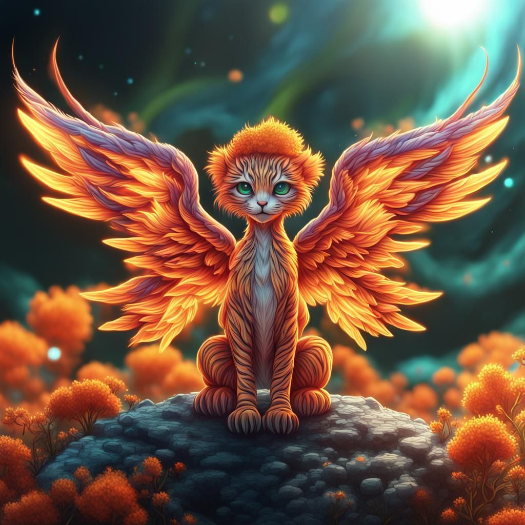 Fiery Phoenix Cat in Alien Landscape