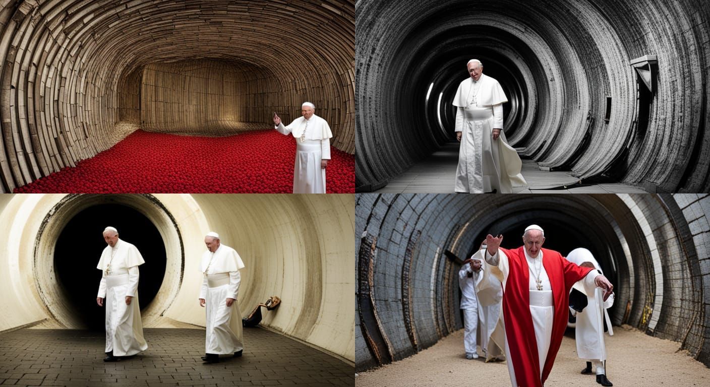 The pope in swimsuit exploring a meat tunnel