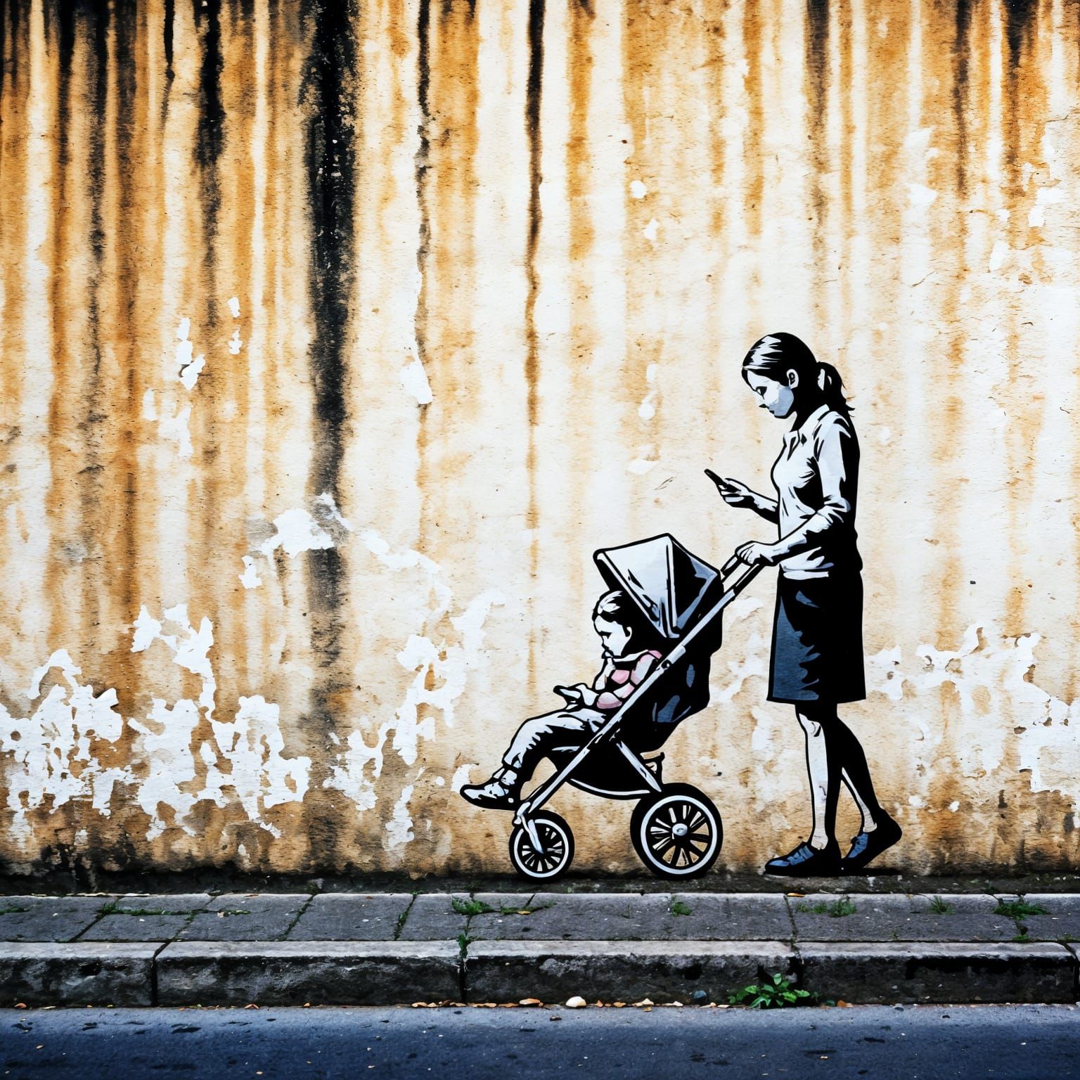 Banksy-Style Street Art: Mother and Stroller
