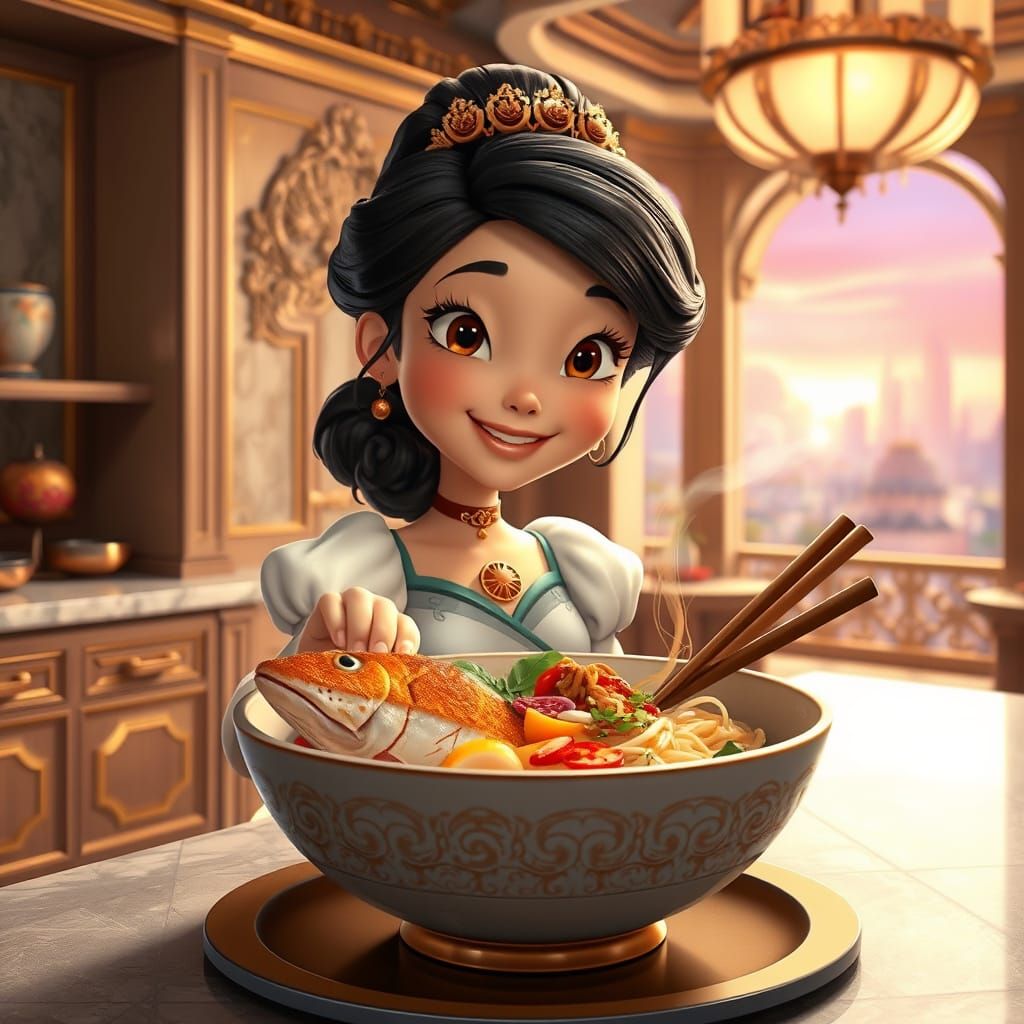 Magical Princess in Whimsical Hotel Kitchen