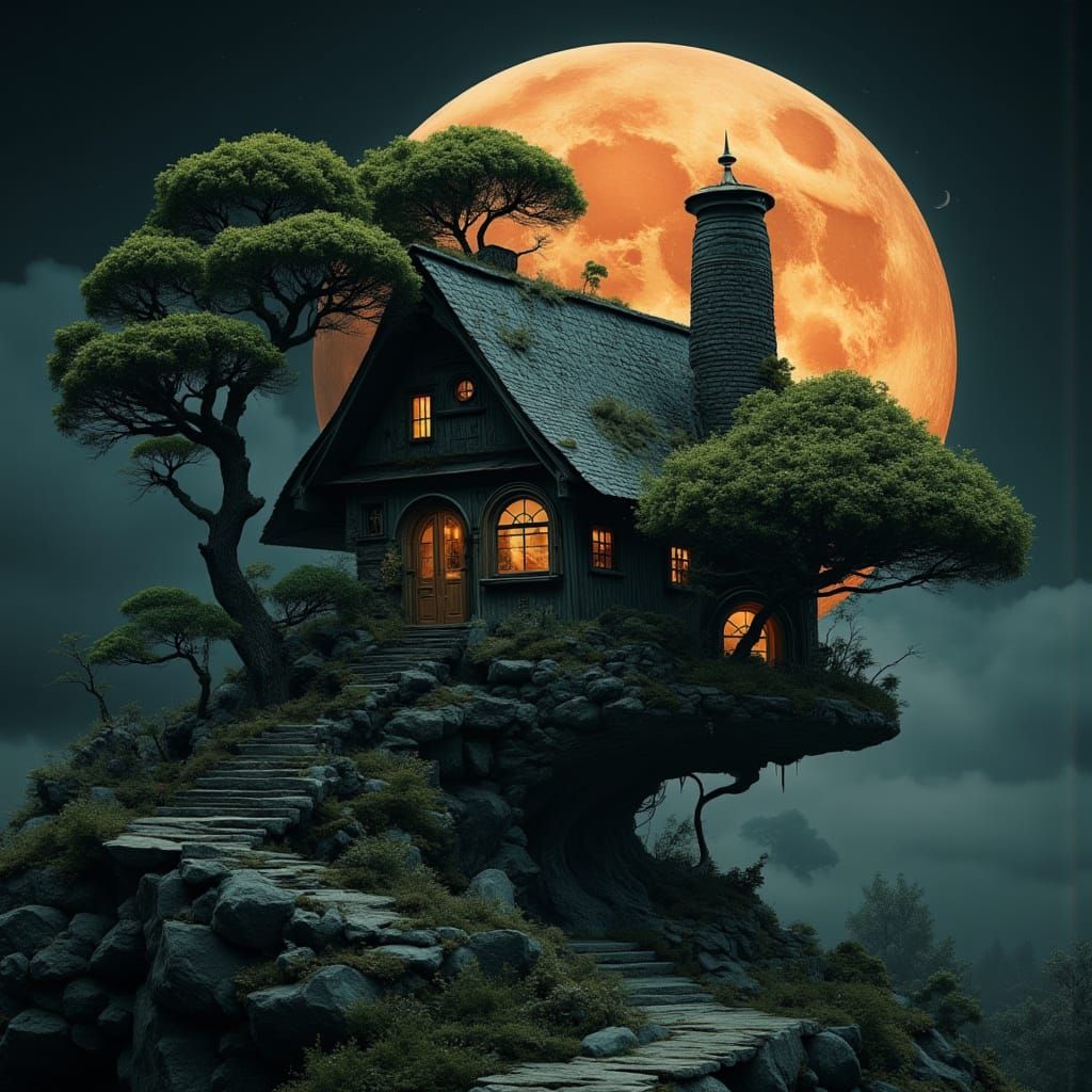 Surreal Fairy House Amidst Twisted Bonsai Under Orange Moonl...