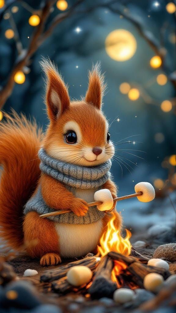 Felted Squirrel Roasting Marshmallows Under Starry Night