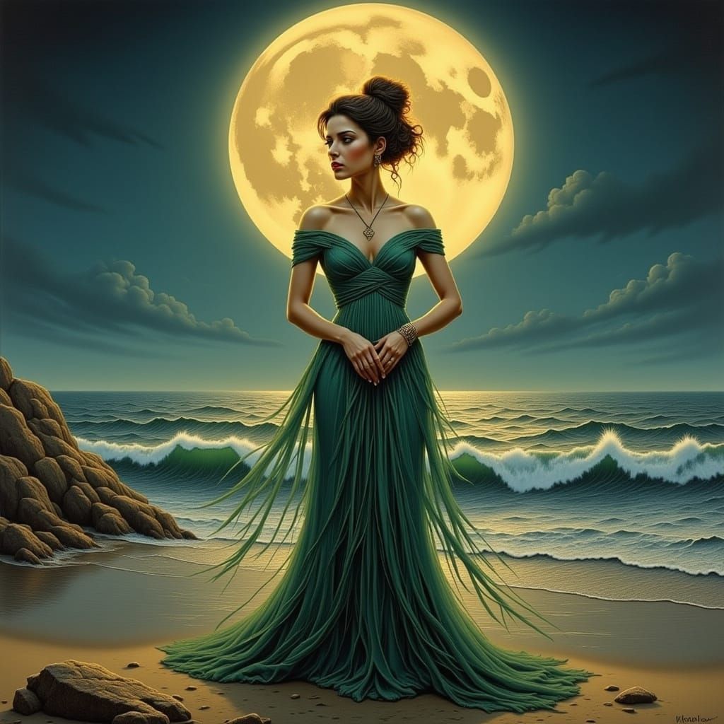 Elegant Woman on Moonlit Beach in Art Nouveau Style