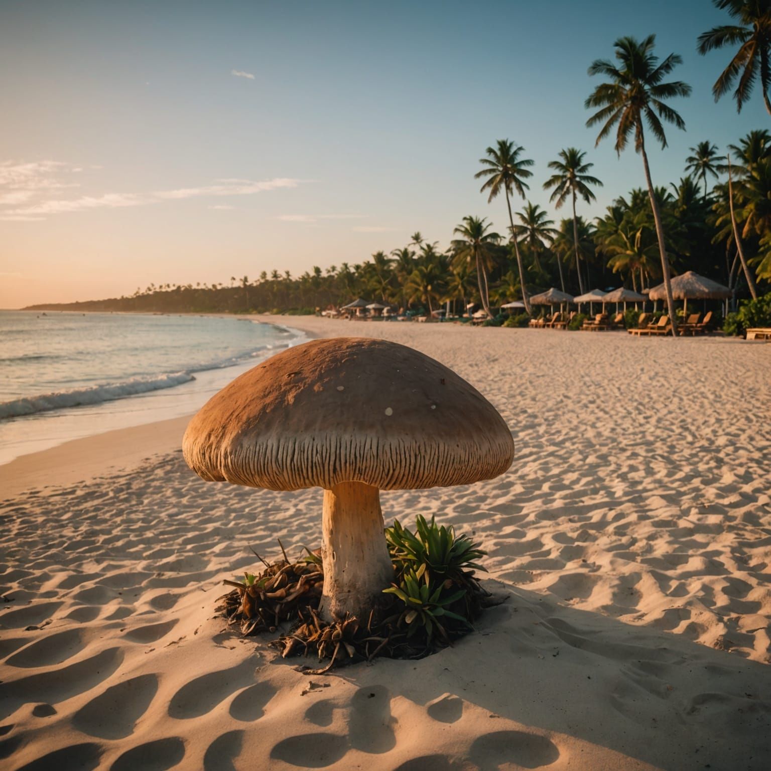 Tropical Beach Sunset with Giant Mushroom
