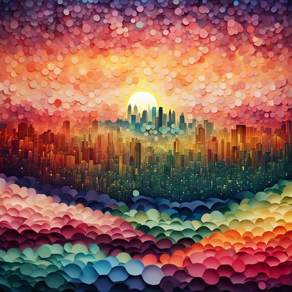 Pointillist Sunset Cityscape in Origami Papercraft Style