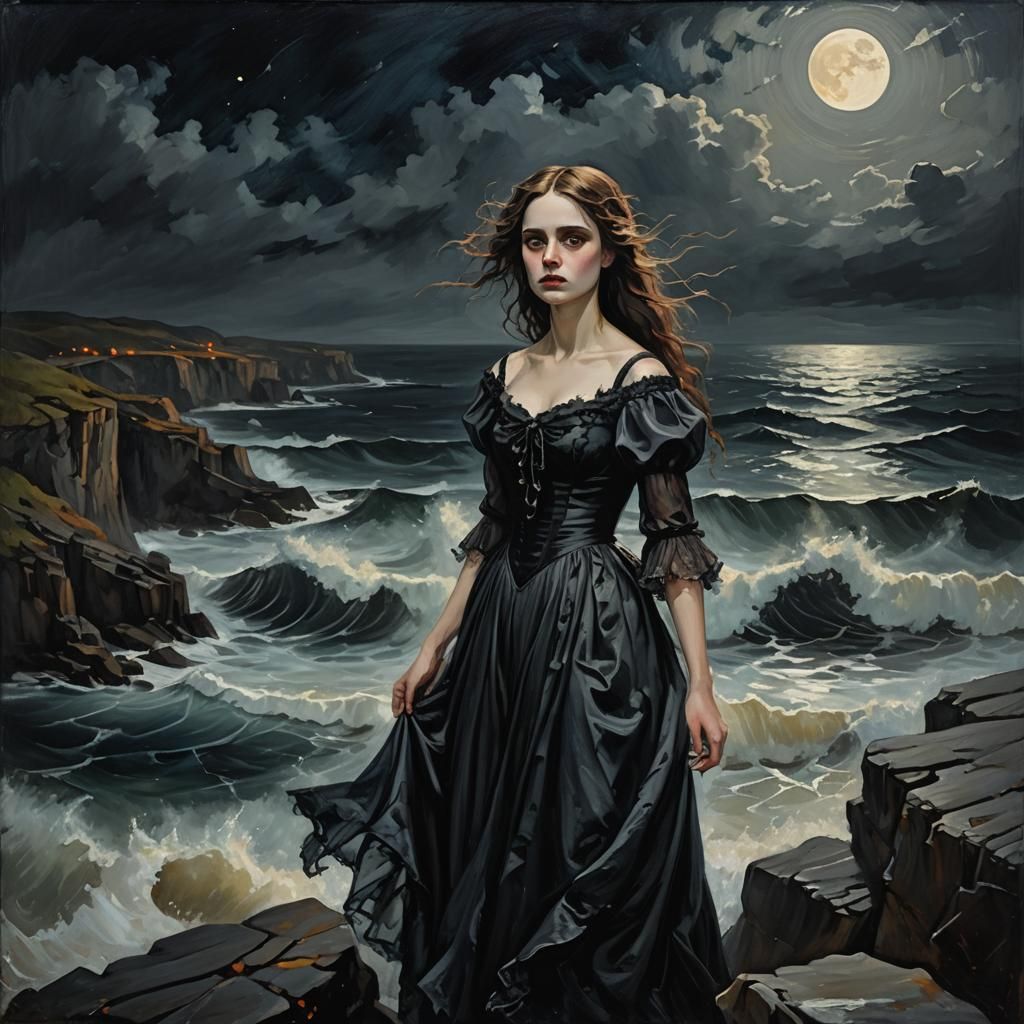 Annabel Lee at the Cliff's Edge: Gothic Oil Painting