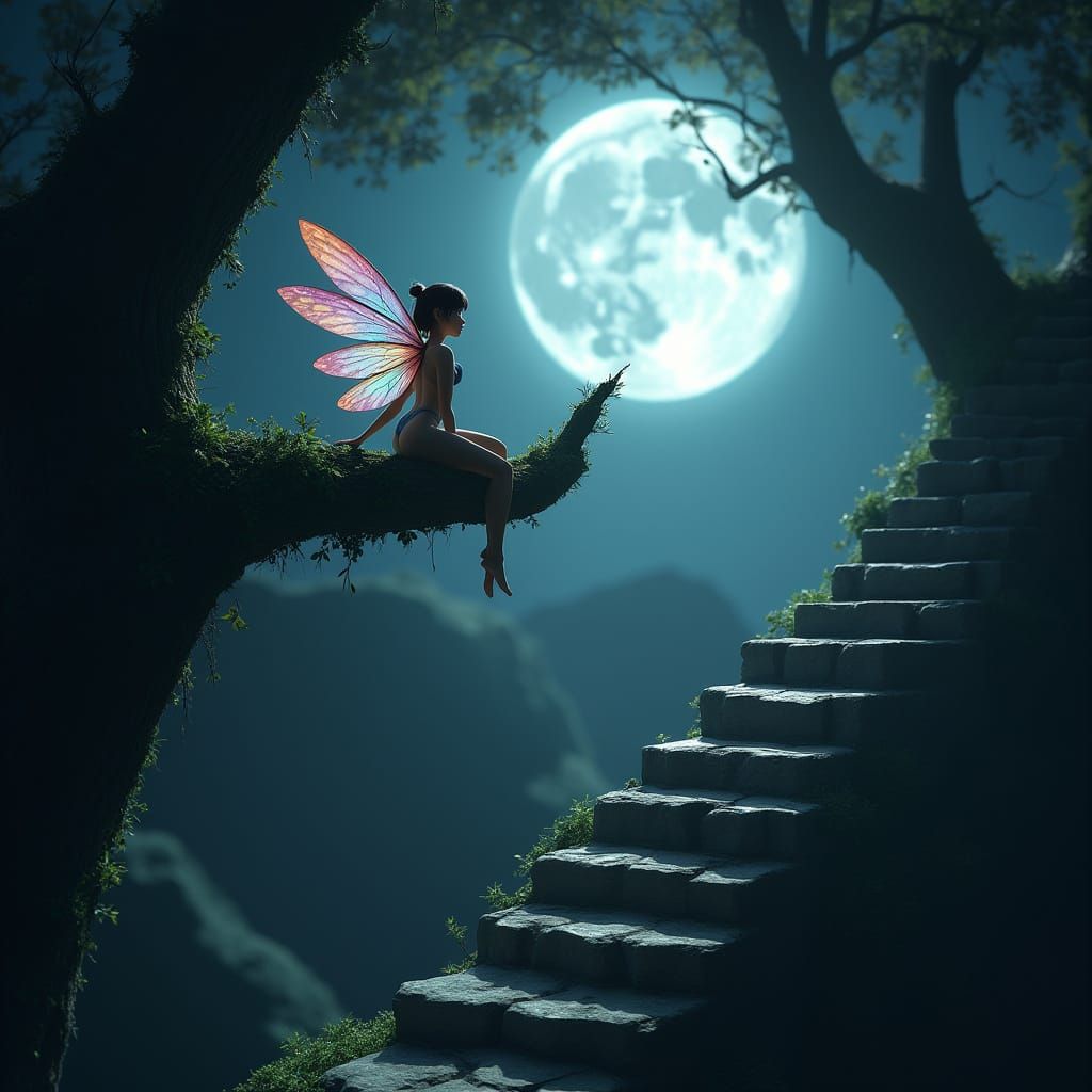 Ethereal Fairy on Moonlit Branch, 3D Anime Style