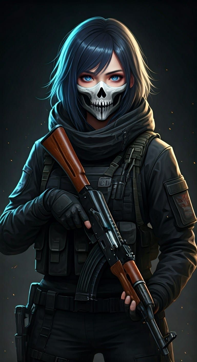 Ghost Girl with Skull Mask and AK-47: 3D Anime Art