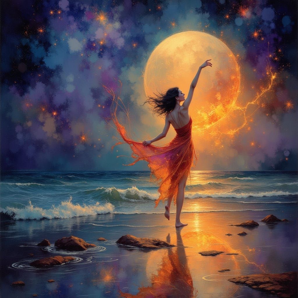 Cosmic Dancer by the Seashore in Visionary Art Style