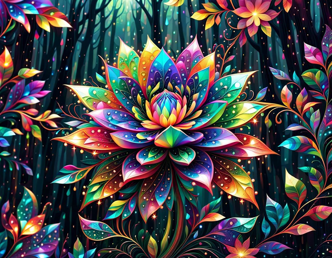 Iridescent Flower in Sparkling Forest Geometric Artwork