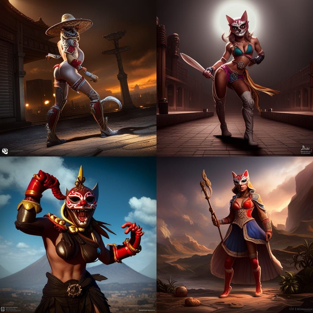 Mexican Luchadora Cat in Dark Fantasy Style