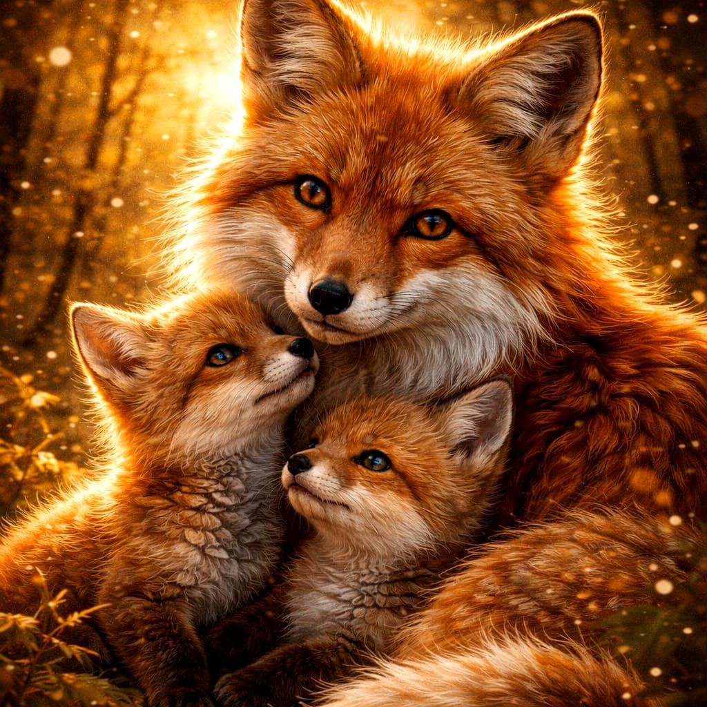 Hyper Realistic Fox Family Amidst Golden Forest Sparkle