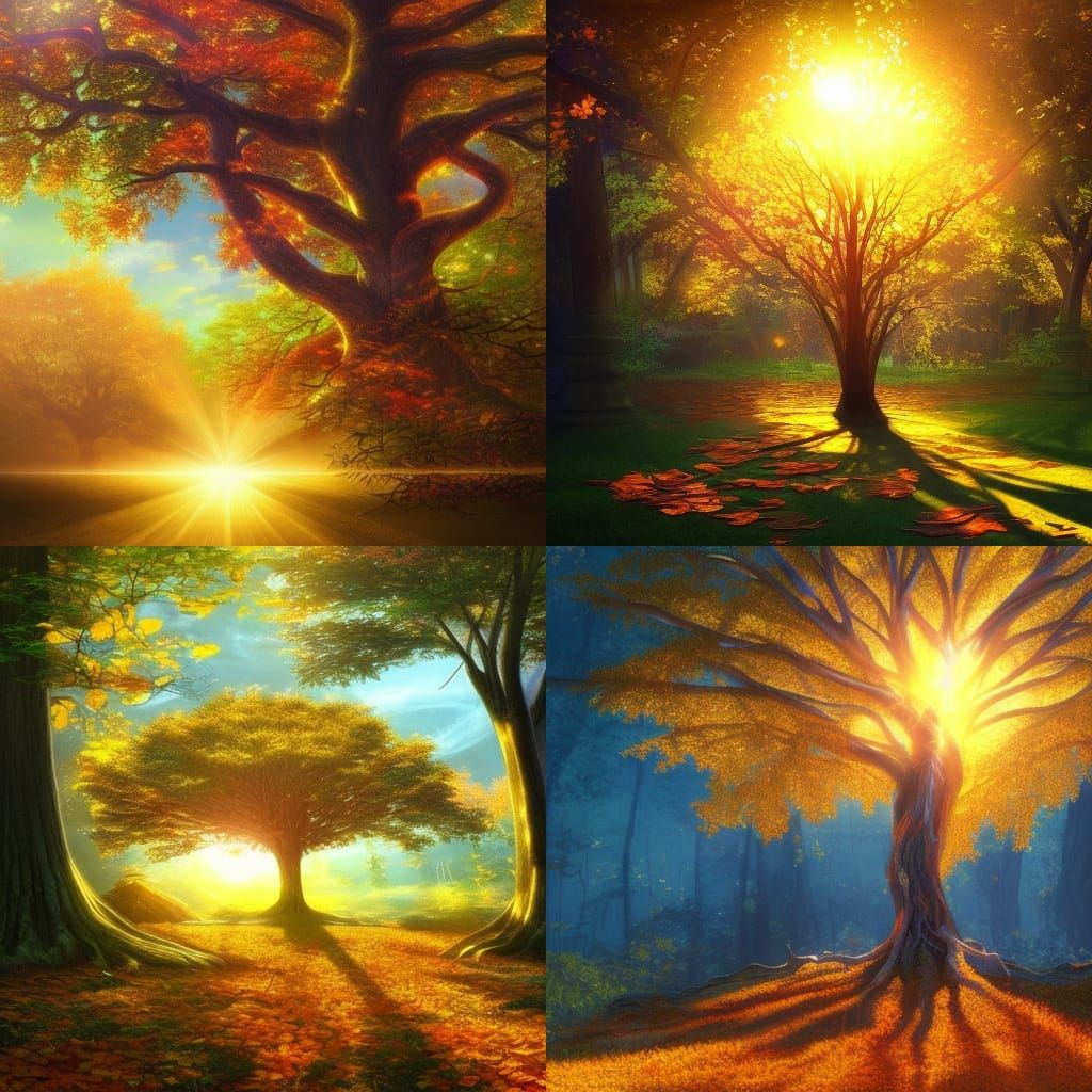 Radiant Golden Sun Tree Fantasy Artwork