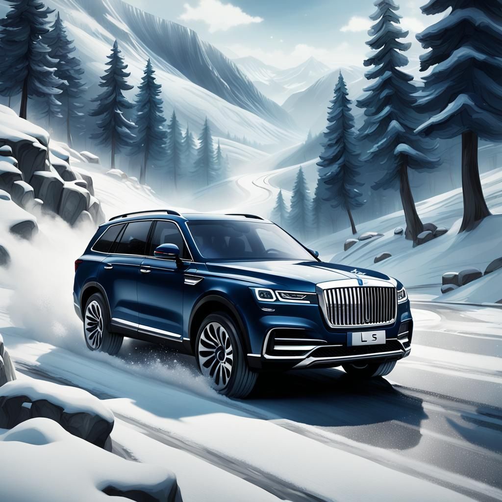 Hongqi LS7 SUV in Snowy Valley, Manga Style
