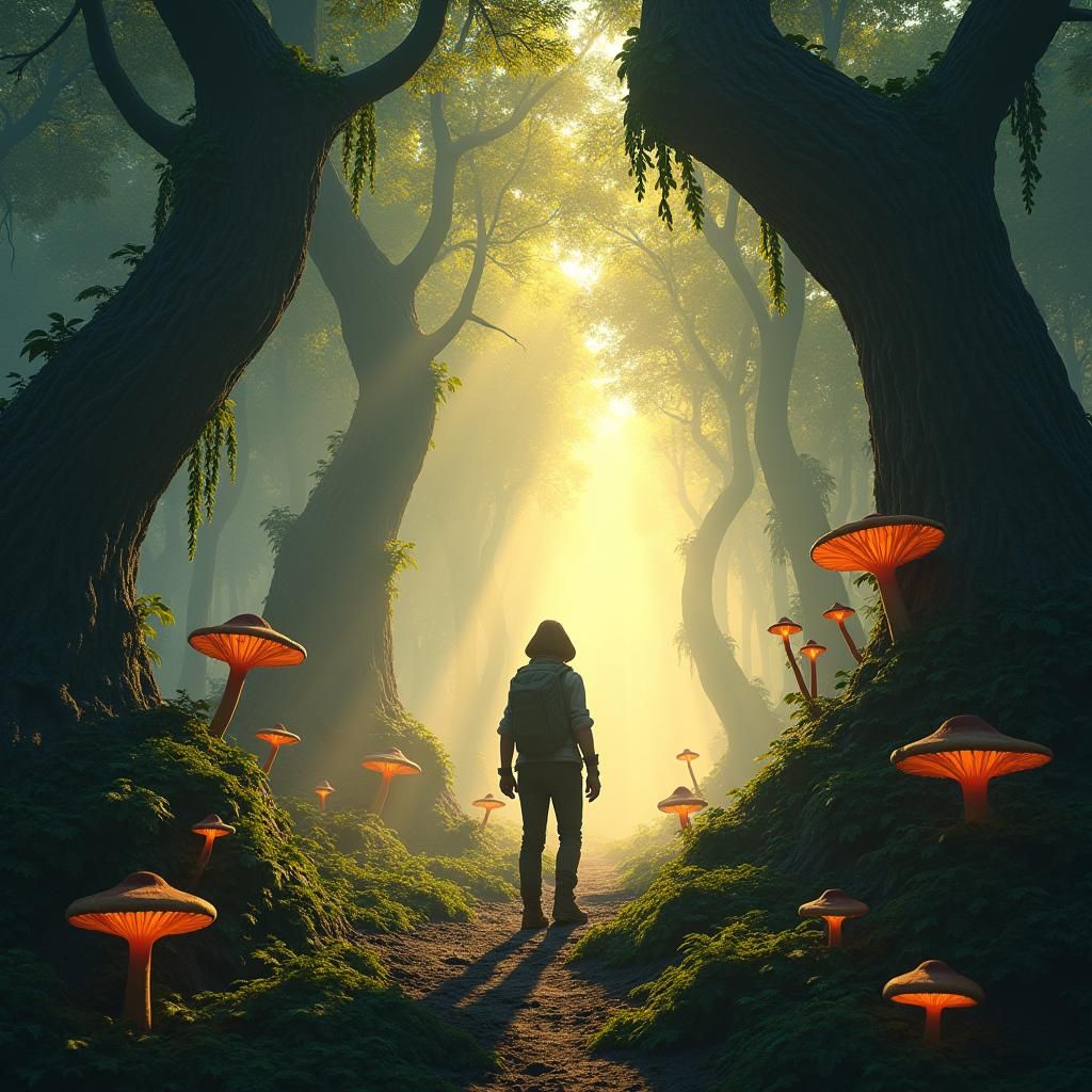 Adventurer at Mystical Forest Edge: Fantasy Concept Art