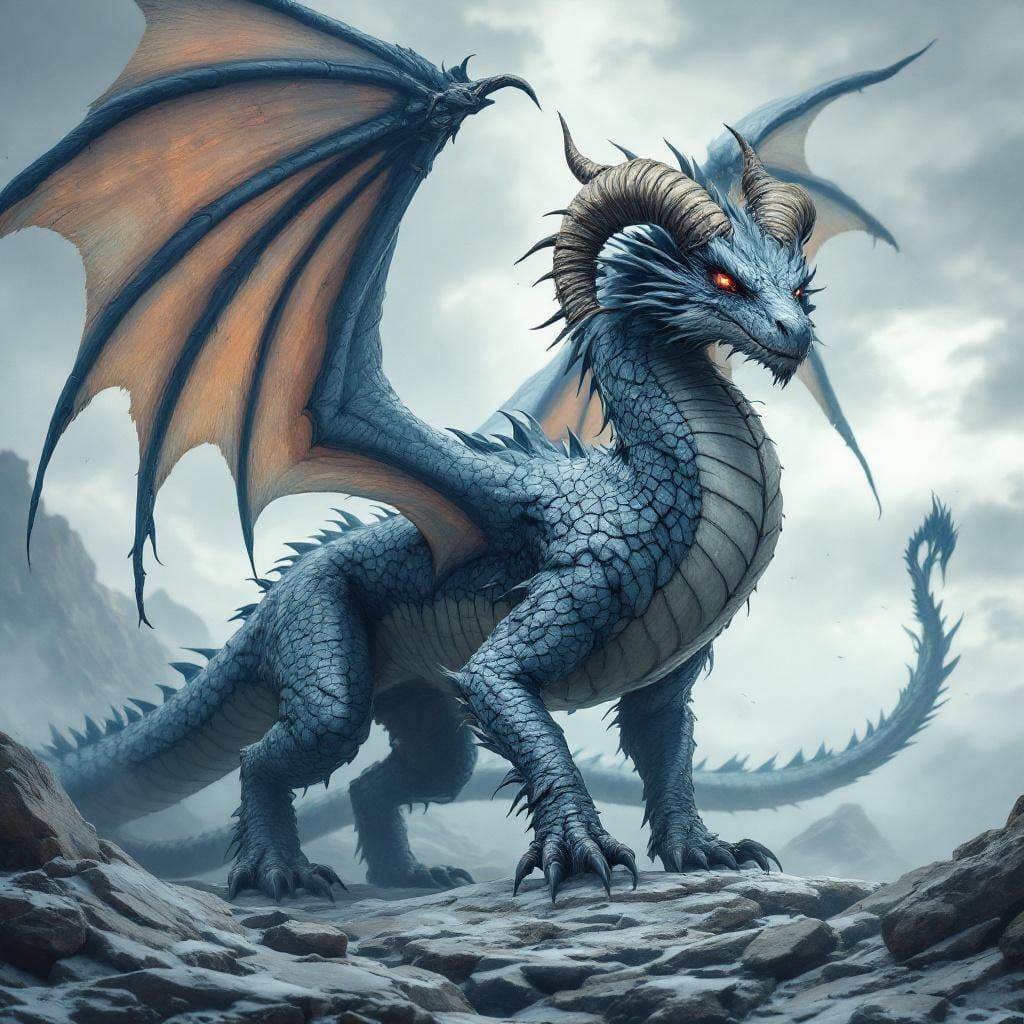 Ultra Realistic Dragon with Red Eyes and Ram Horns