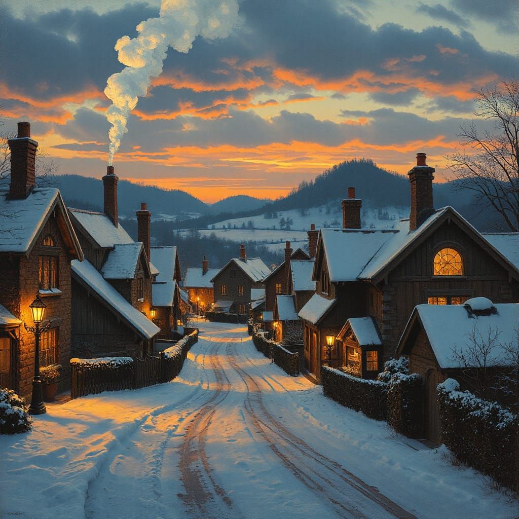 Cozy Winter Village in Scratchboard Style