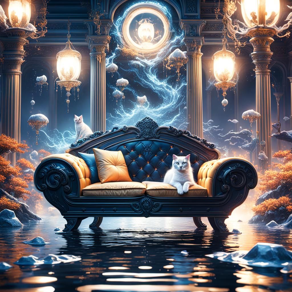 Cat on Couch Amidst Flood: Detailed Matte Painting