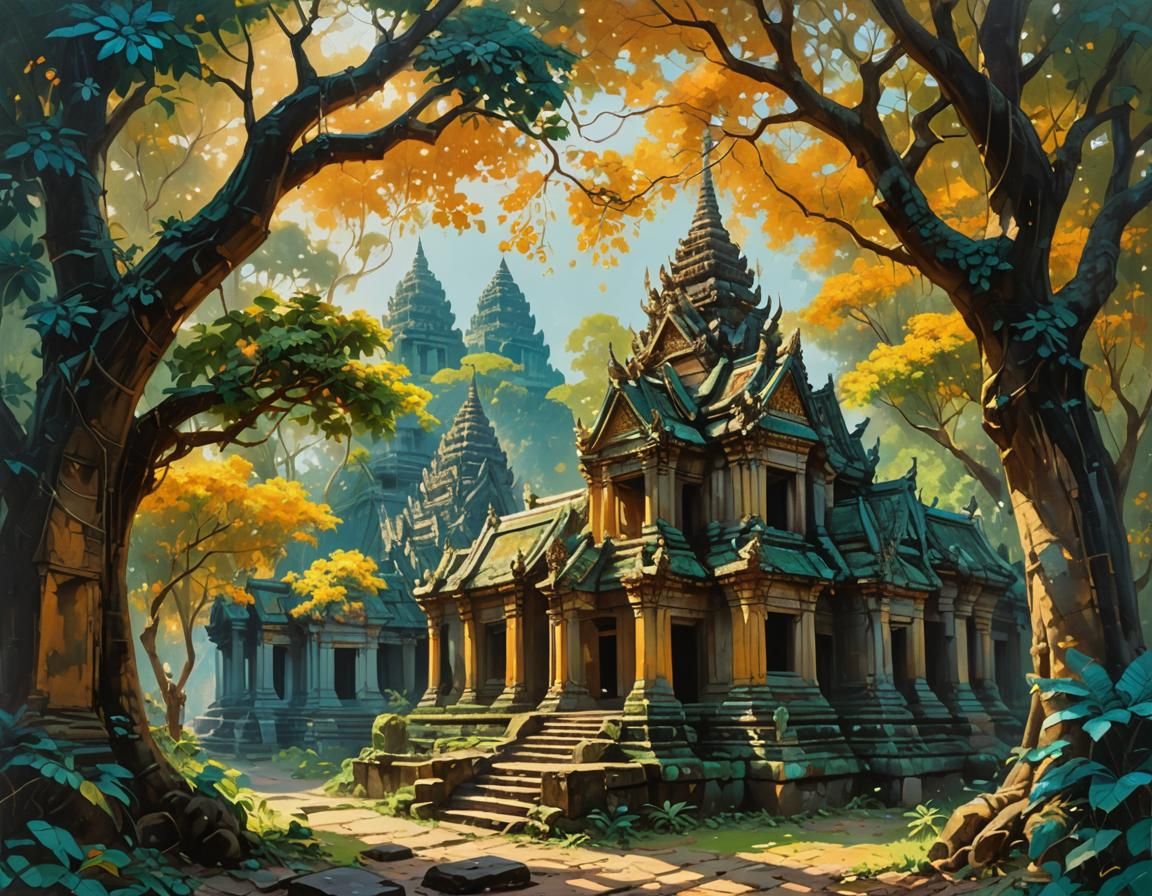 Overgrown Khmer Temple in Impressionist Oil Painting