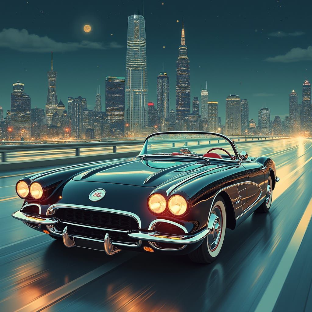 Retro-Futuristic Corvette Illustration in Franz Marc Style