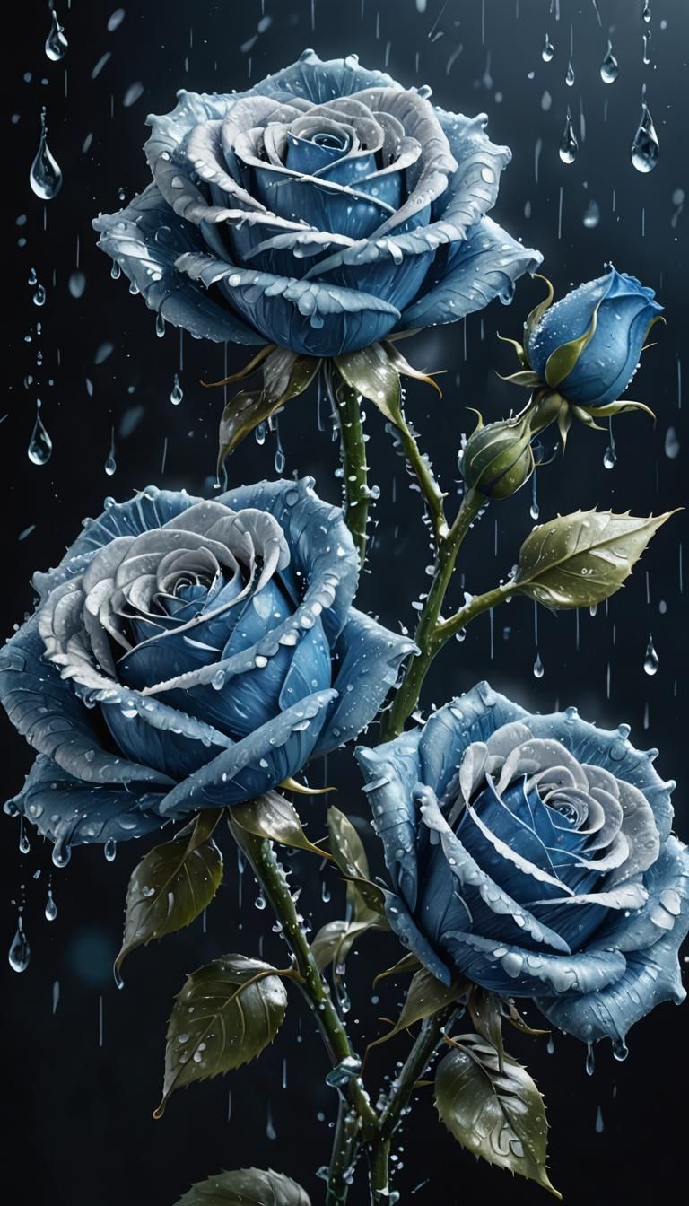 Frozen Giant Blue Yarn Roses in Rain