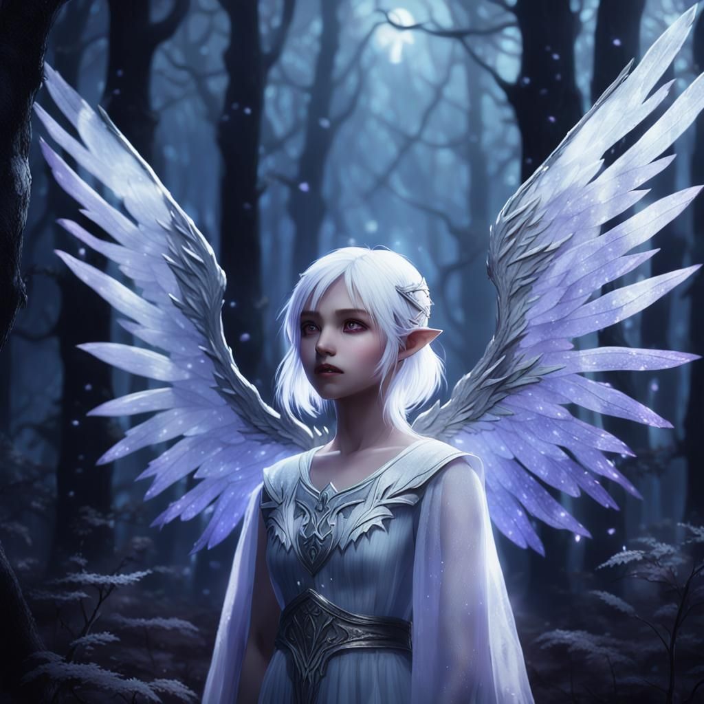 Anime Girl with Wings in Dark Fantasy Forest