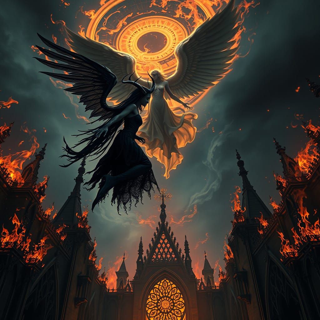 Dark Lilith Confronts an Angel Amidst a Swirling Vortex of F...