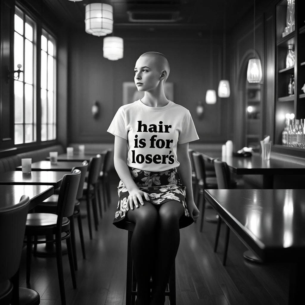 Elegant Bald Girl in Empty Art Deco Bar