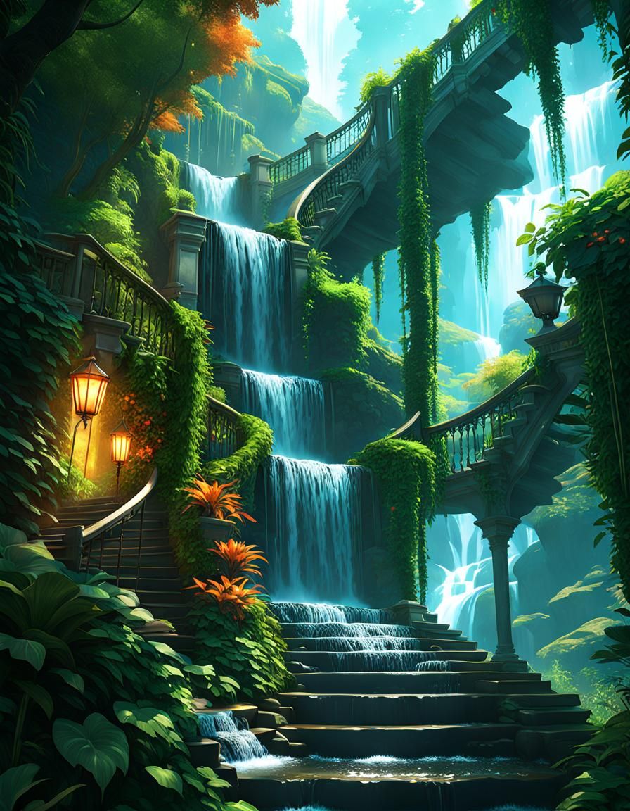 Lush Waterfall Staircase in Hyperdetailed Forest
