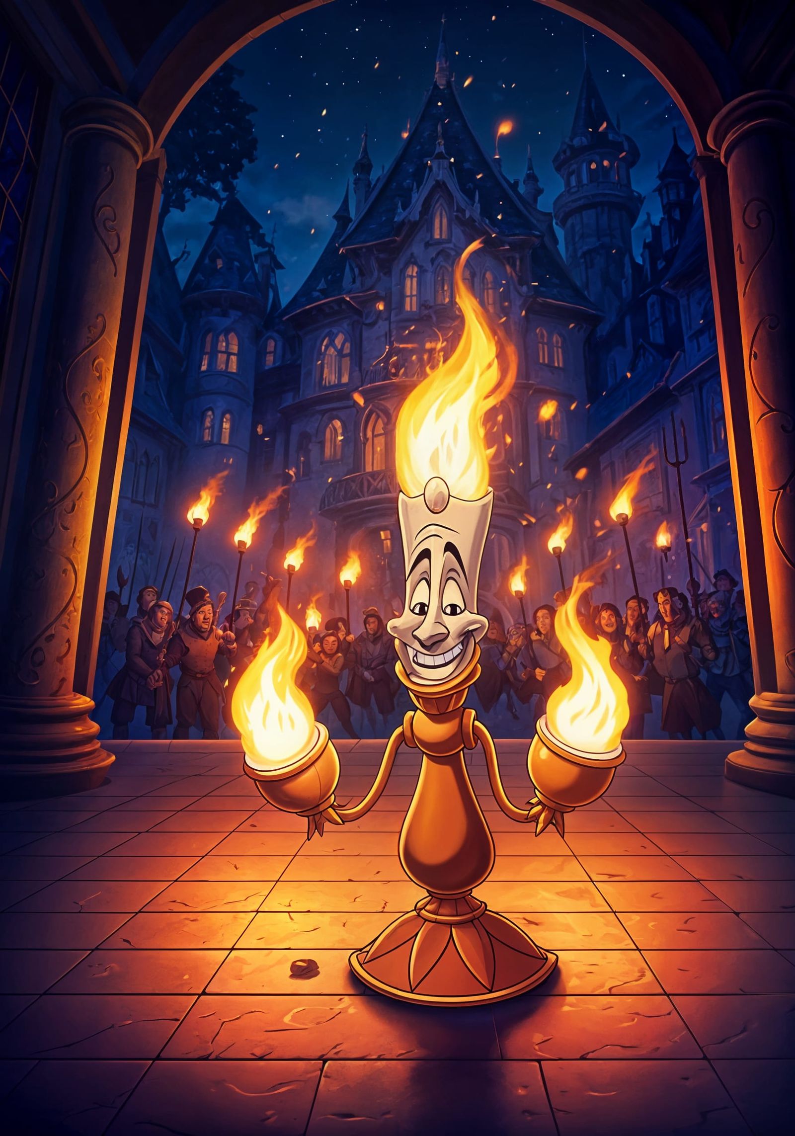 Lumiere and Cogsworth Face Gaston's Mob