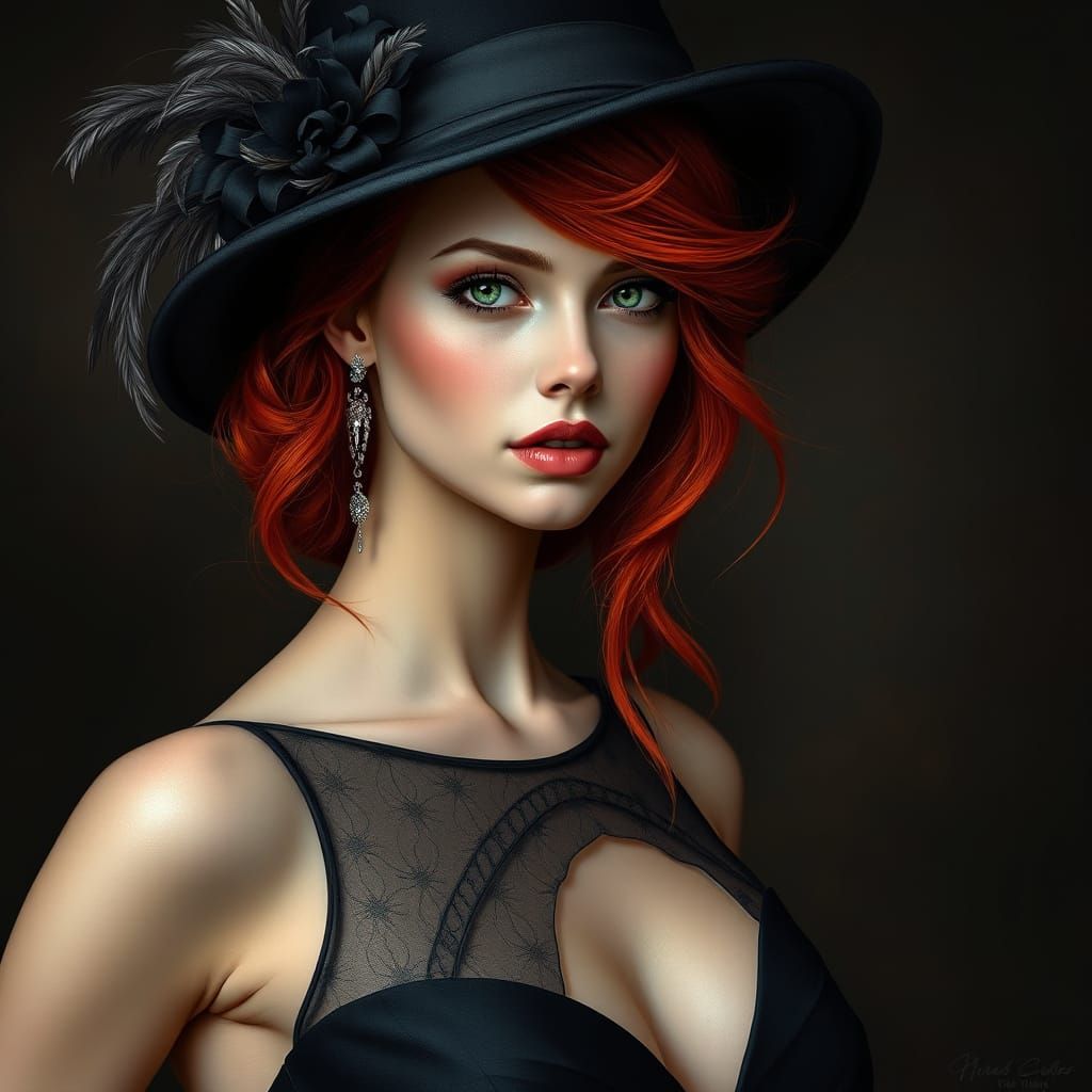 A photo of a  beautiful woman, wearing a  black hat adorned ...