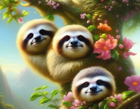 Sloth Family Portrait in Kinkade Style