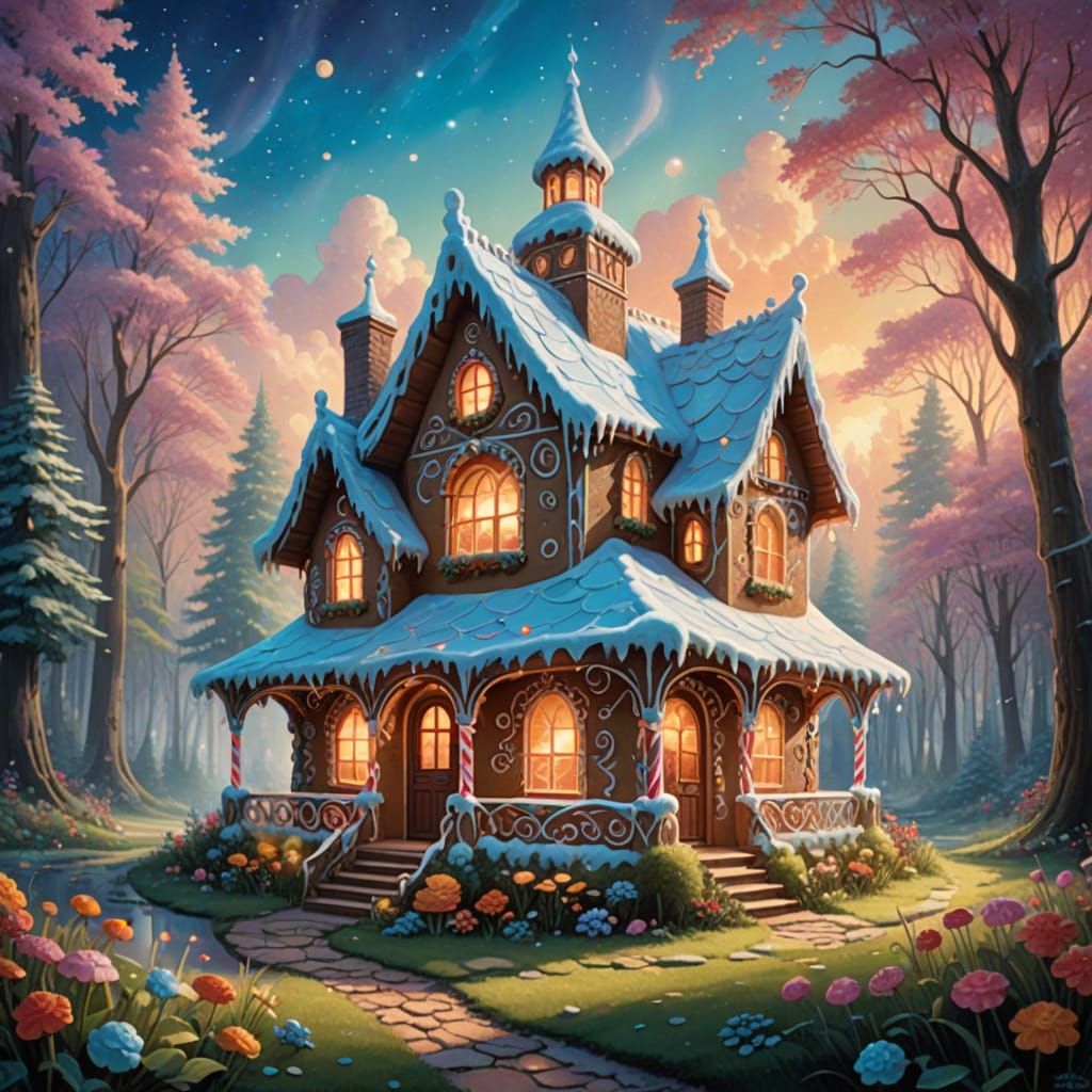 Enchanting Gingerbread House in Misty Forest Clearing