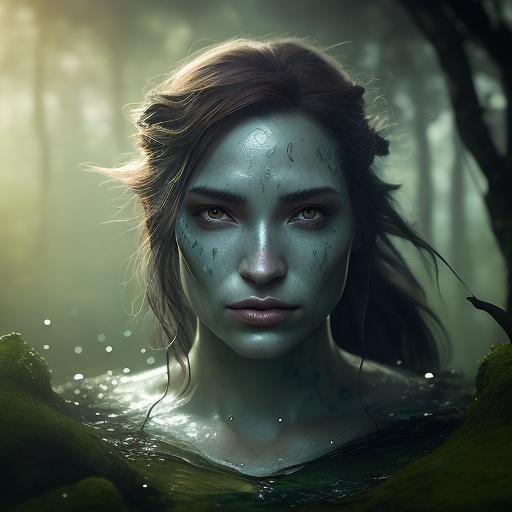 Elf Woman Emerges from Pond: Dark Fantasy Portrait
