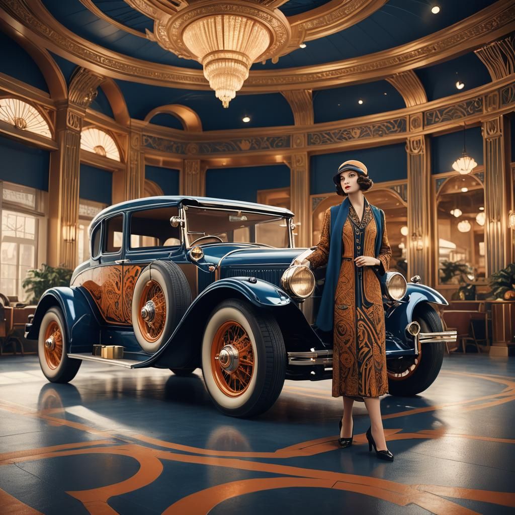 Woman Posing with Vintage Car in Art Deco Style