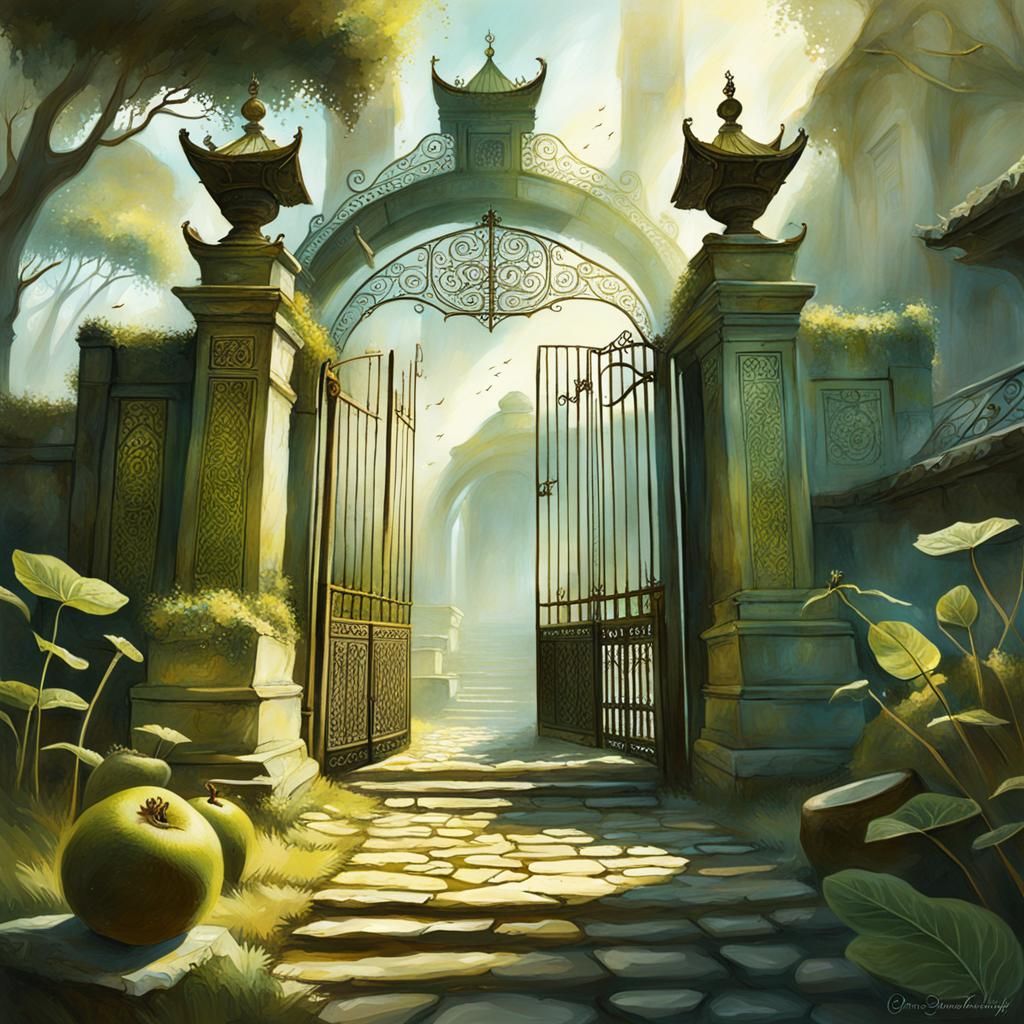 Enchanted Ancient Gate Illustration in Dreamlike Style