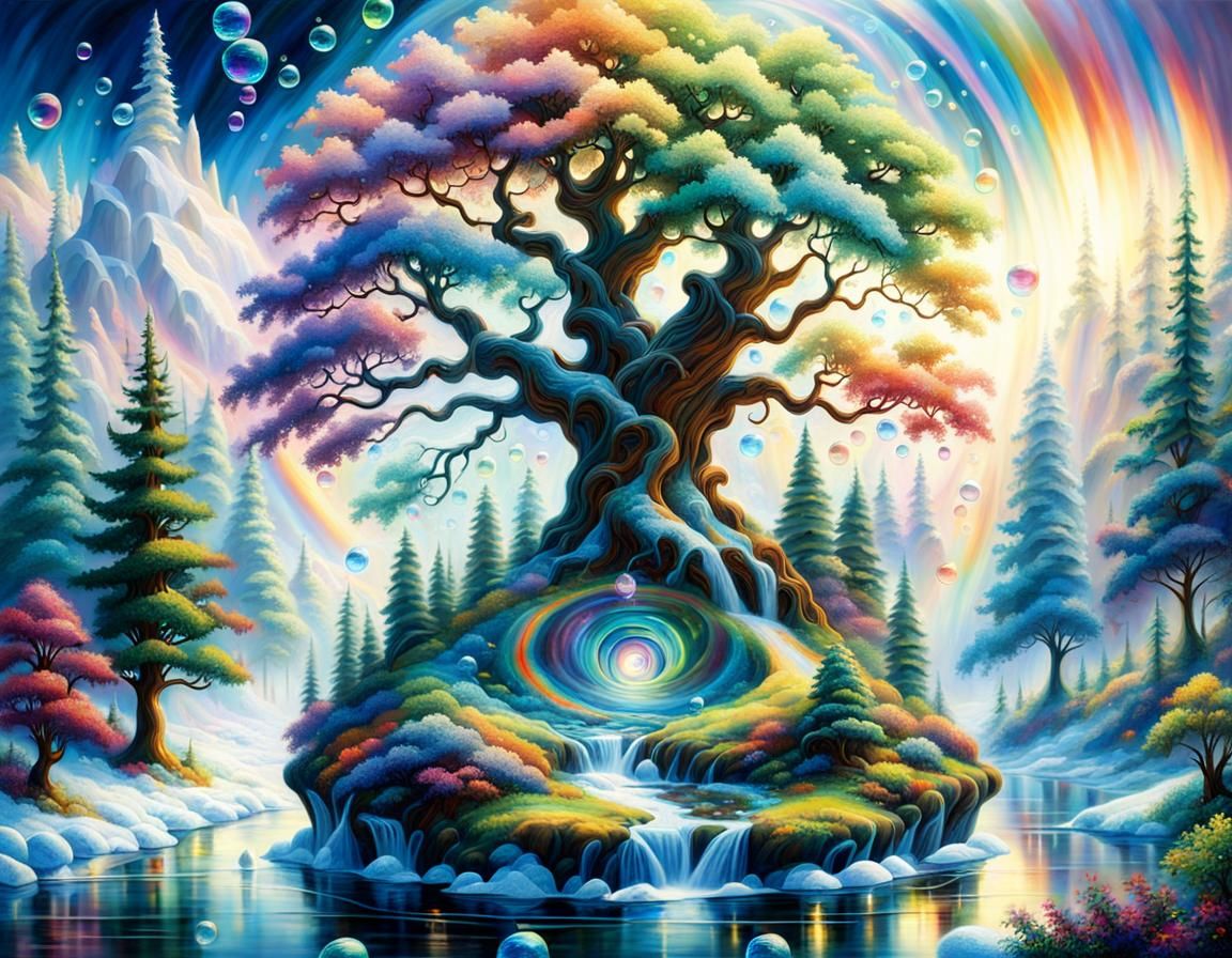 Tree on Ice in Stained Glass Forest