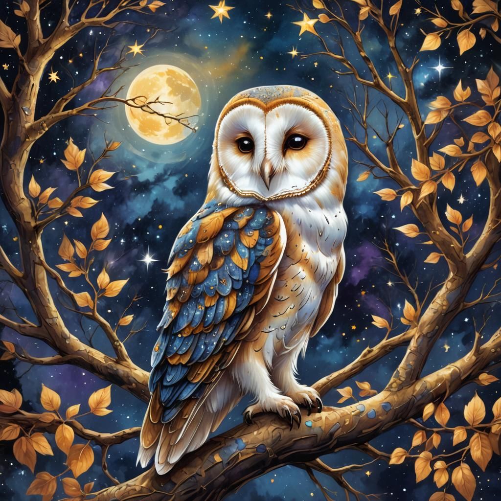 Magical Barn Owl in Starry Night: Fantasy Art