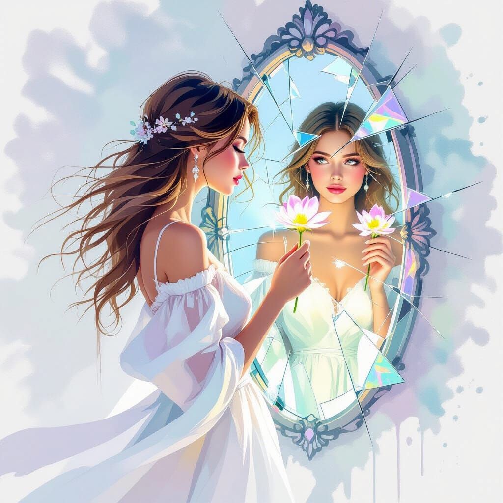 Woman and Shattered Mirror in Watercolor Style