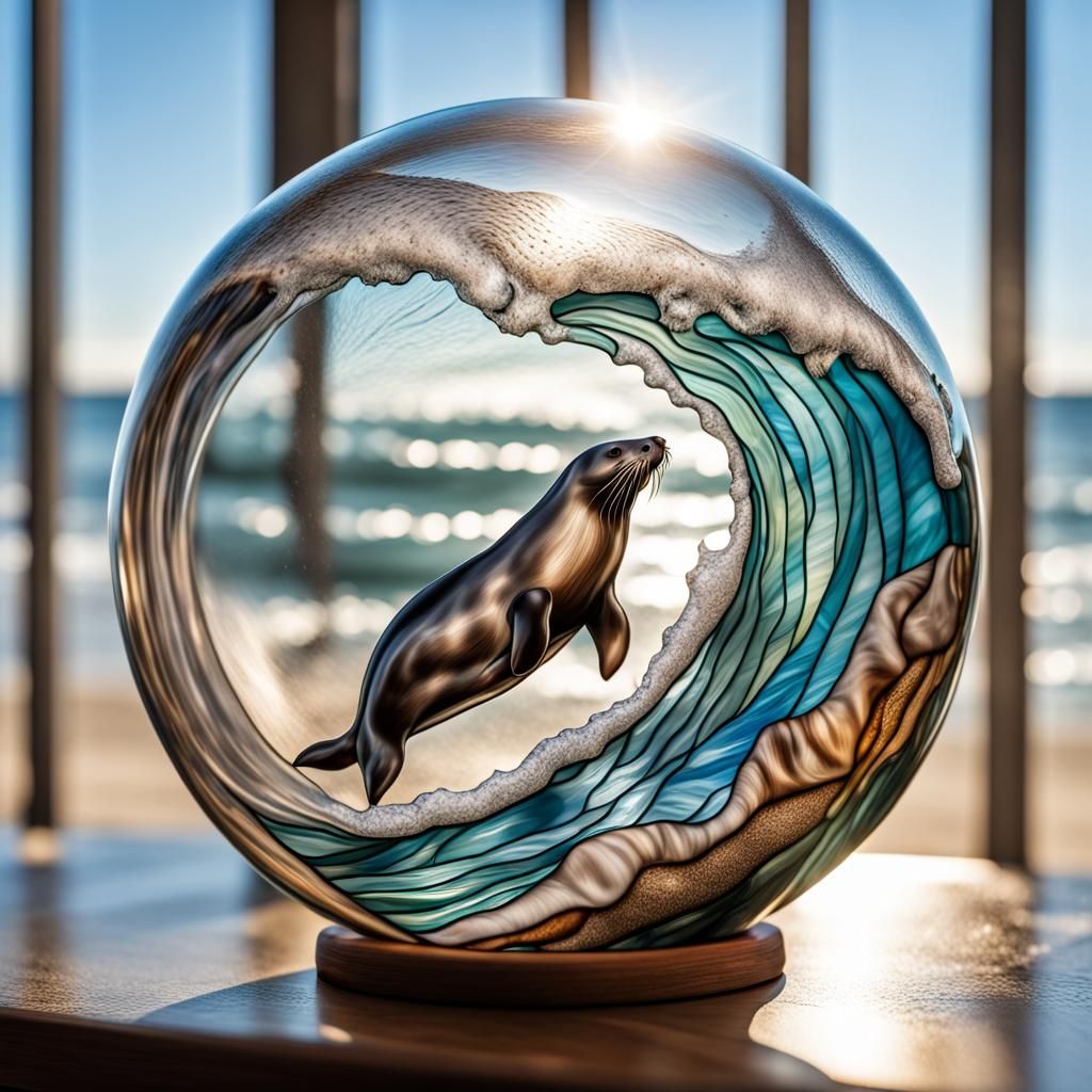 Playful Seal Leaping Wave in Stained Glass