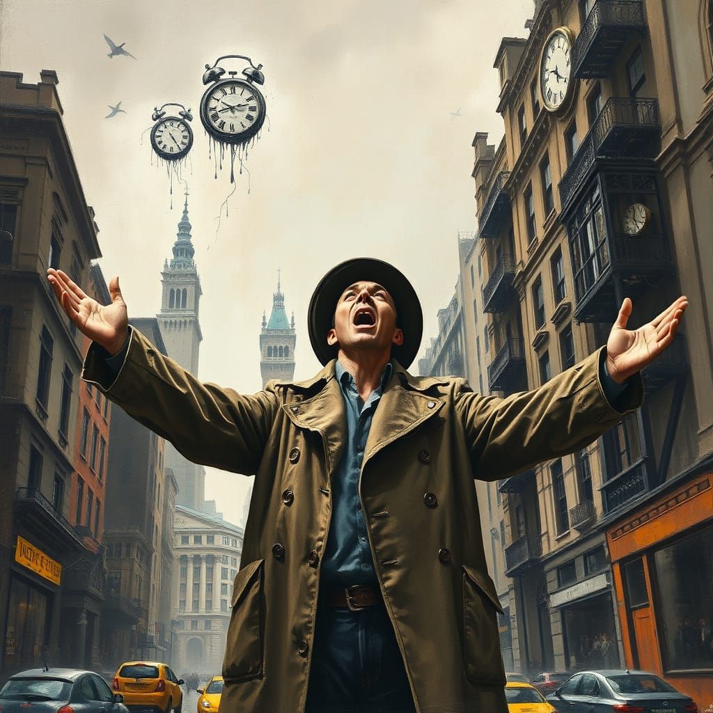 Man Pleads to the Heavens Amidst a Desolate Cityscape