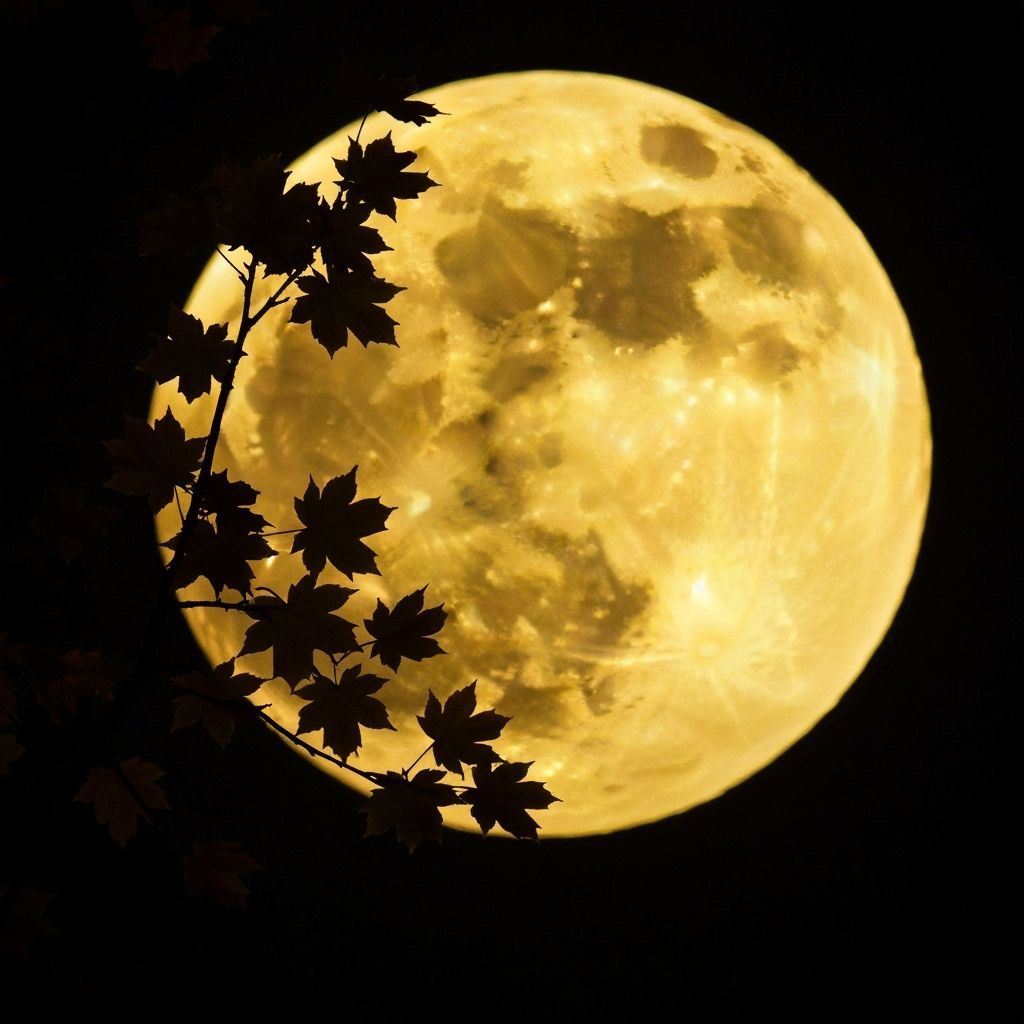 Detailed Yellow Moon with Maple Leaf Silhouettes