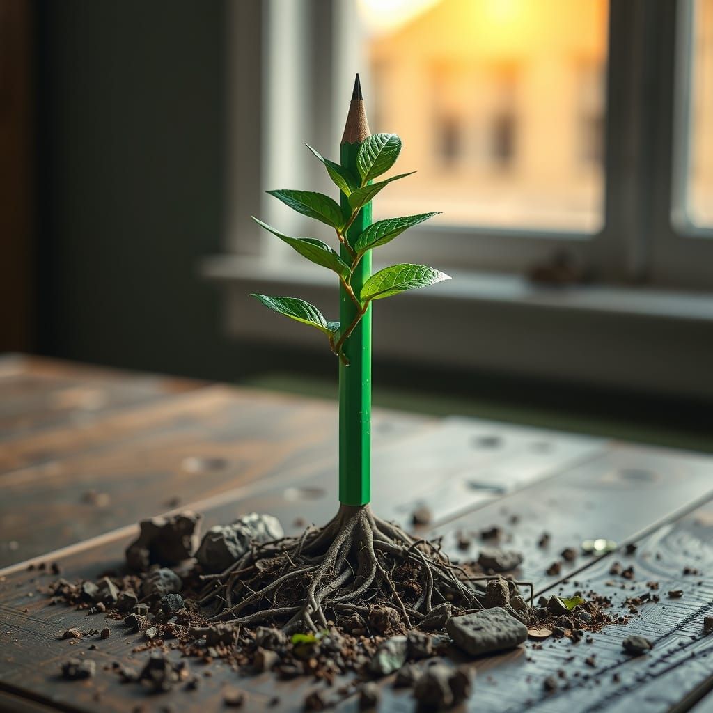 Pencil Sprouts Roots and Leaves in Cinematic Photo
