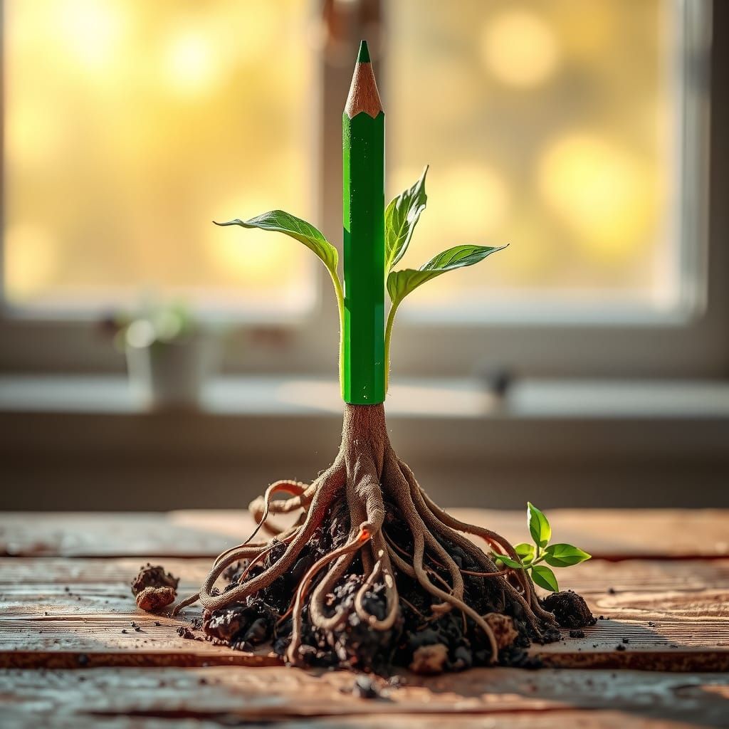 Pencil Roots Growing into Tabletop with Morning Light