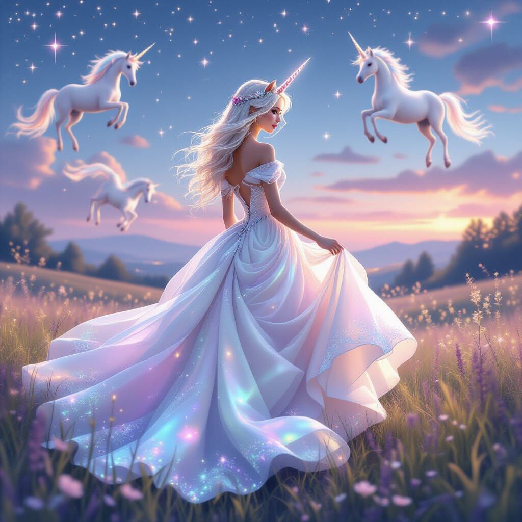 Unicorn Princess in Magical Meadow, Dreamy Illustration